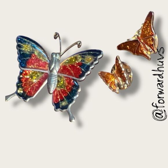 Vintage Butterfly Brooch Set – Lot of 5 – Mixed Metals, Wood & Enamel - Picture 4 of 8